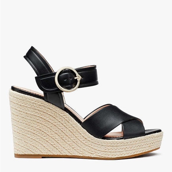 ♠️kate spade Della Wedge Heeled Sandals, Black NIB - Picture 1 of 6